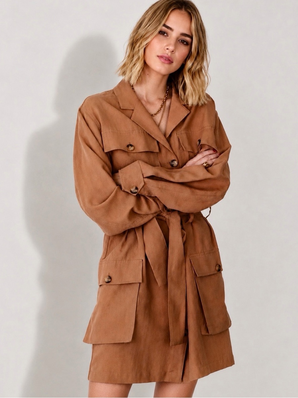 ANINE BING Kaiden Camel Brown Belted Cargo Utility Dress Size XS
